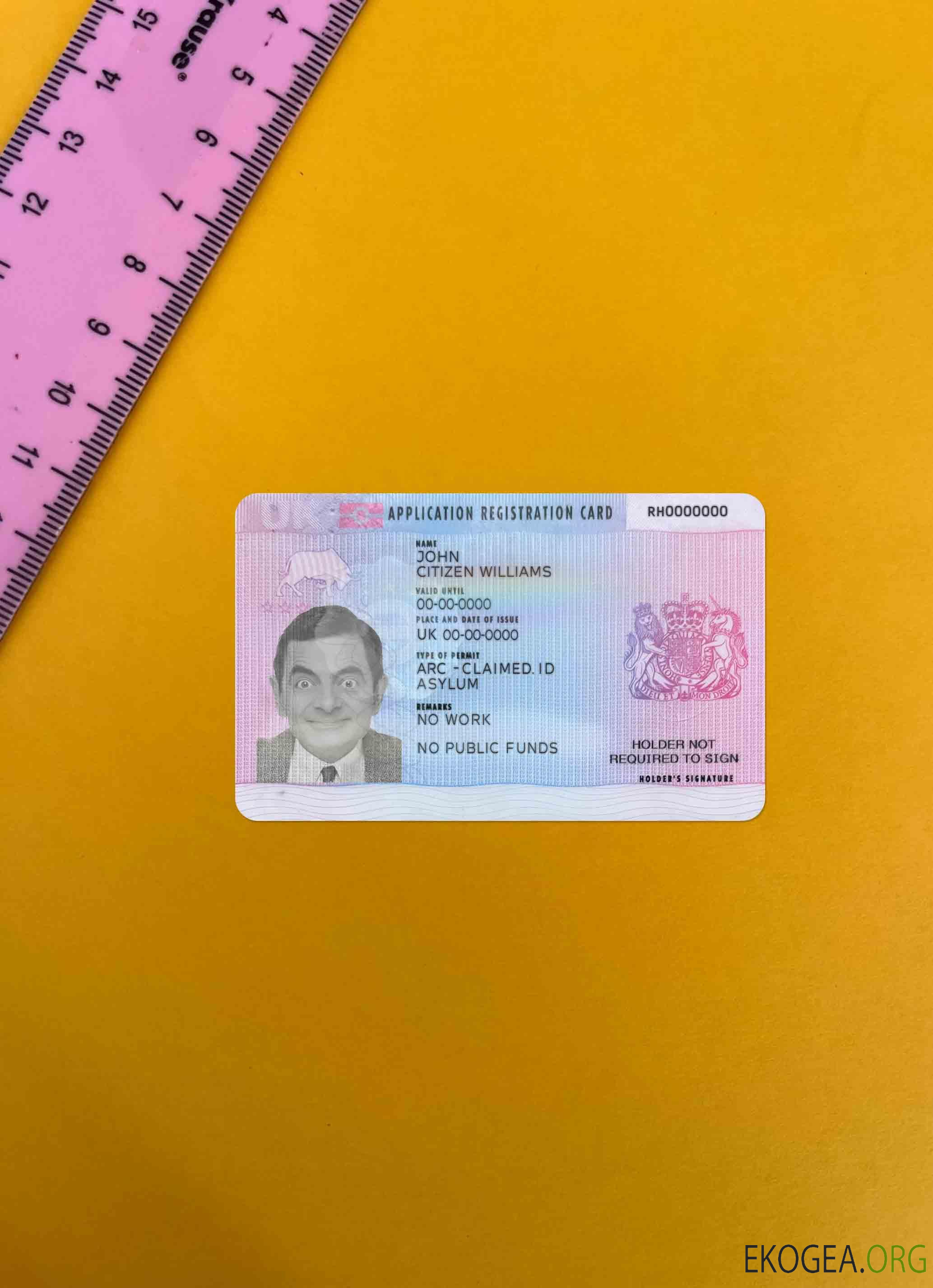 Photolook de la carte d'enregistrement de demande au Royaume Uni AVANT